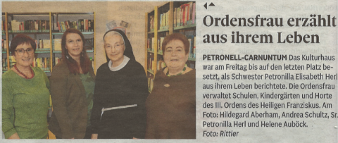 Veranstaltungsbericht Schwester Petronilla Elisabeth Herl
